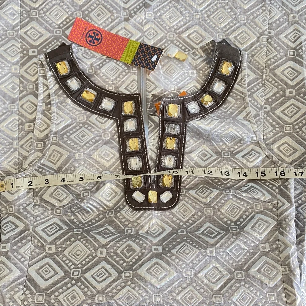 Tory Burch Jeweled V-neck Sheath Rosario Dress Sleeveless Silver Metallic